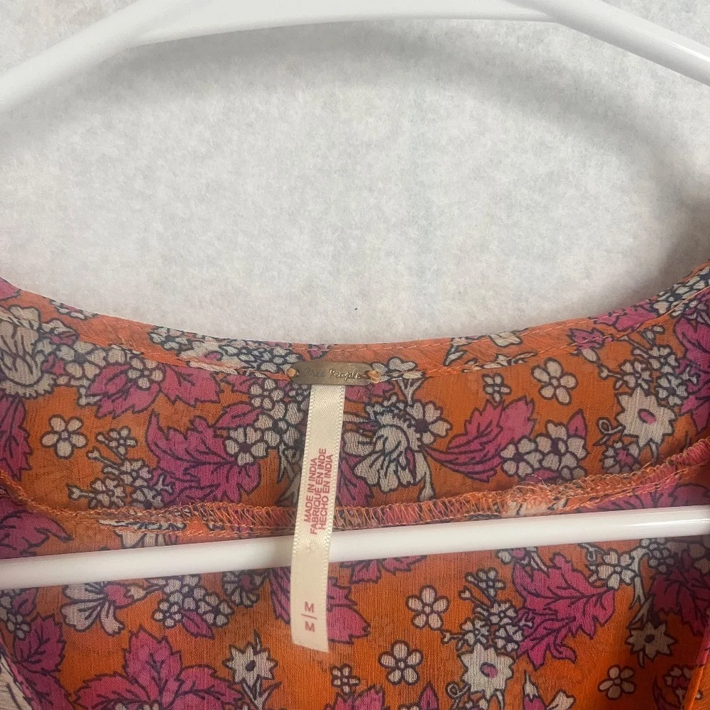 Free People Orange Floral Sheer Ruffle Boho Blouse Medium - Picture 3 of 7